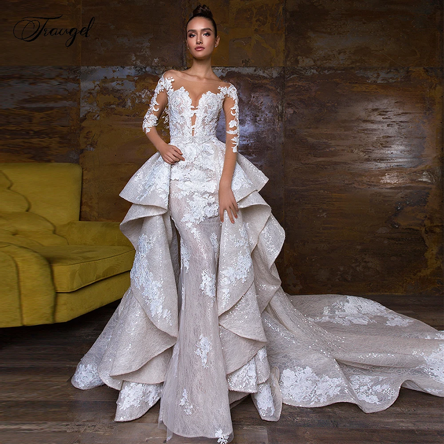 Customized Long Sleeve 2 IN 1 Lace Mermaid Wedding Dresses Applique Sequins Detachable Train Bridal Gown Plus Size for Bride QR262
