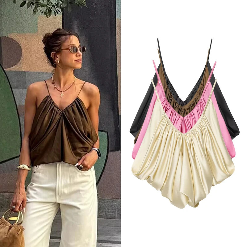 Womens Slip Tops Fashion Satin Pleated V-Neck Sleeveless Top Summer Sexy Female Chic Tops 260612