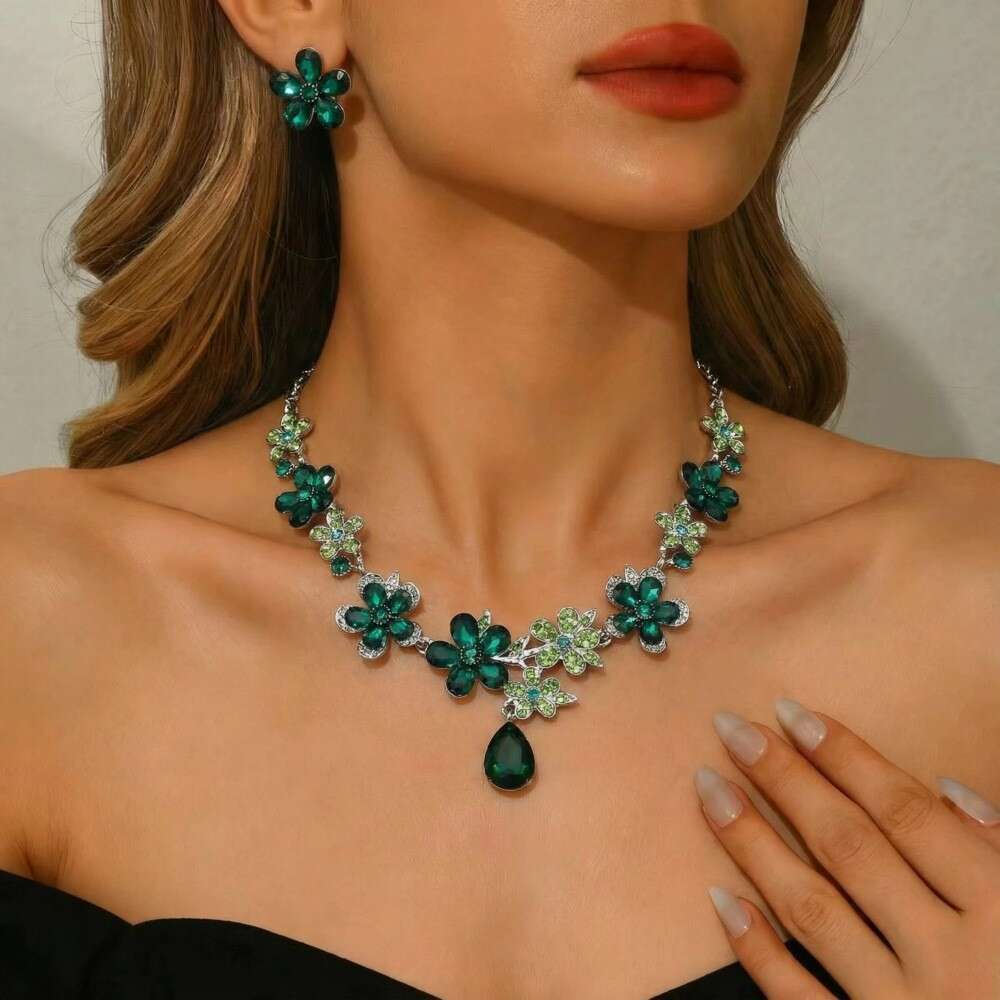 Conjunto de joyería de cristal verde, collar, pendientes y pulsera de 3 piezas, joyería de fiesta de estilo europeo, conjunto de joyería de boda par