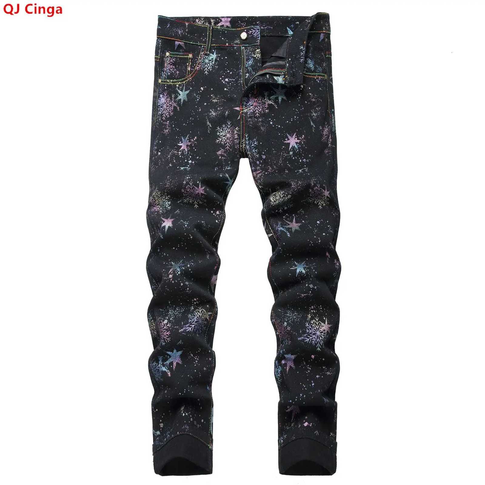 Mens Jeans for Spring and Fall Black Printed Denim Pants Stylish Casual Trousers Asian Sizes 2842 T260410