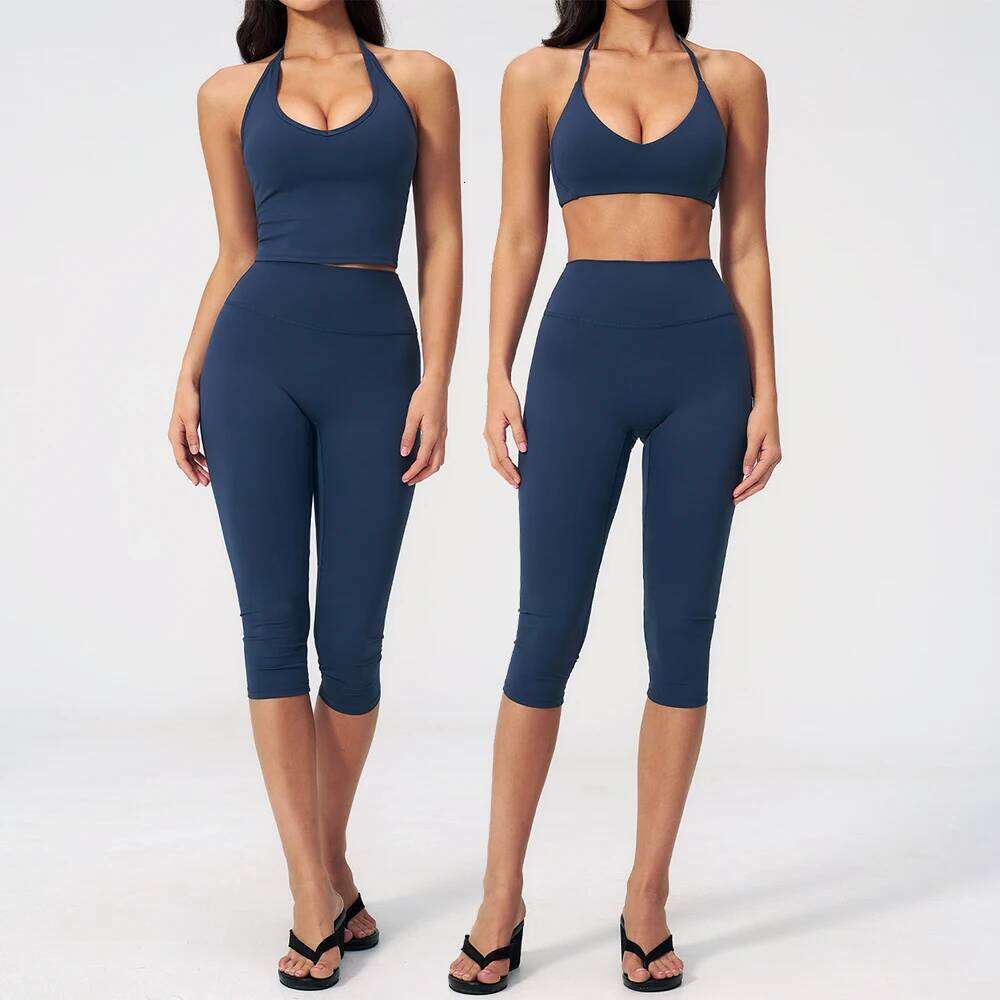Yoga 2 UNIDS Conjunto Deportivo Manga Corta Trajes de Fitness Mujeres Chándal Ropa de Entrenamiento Correr Pantalones Capri Traje de Gimnasio Ropa A