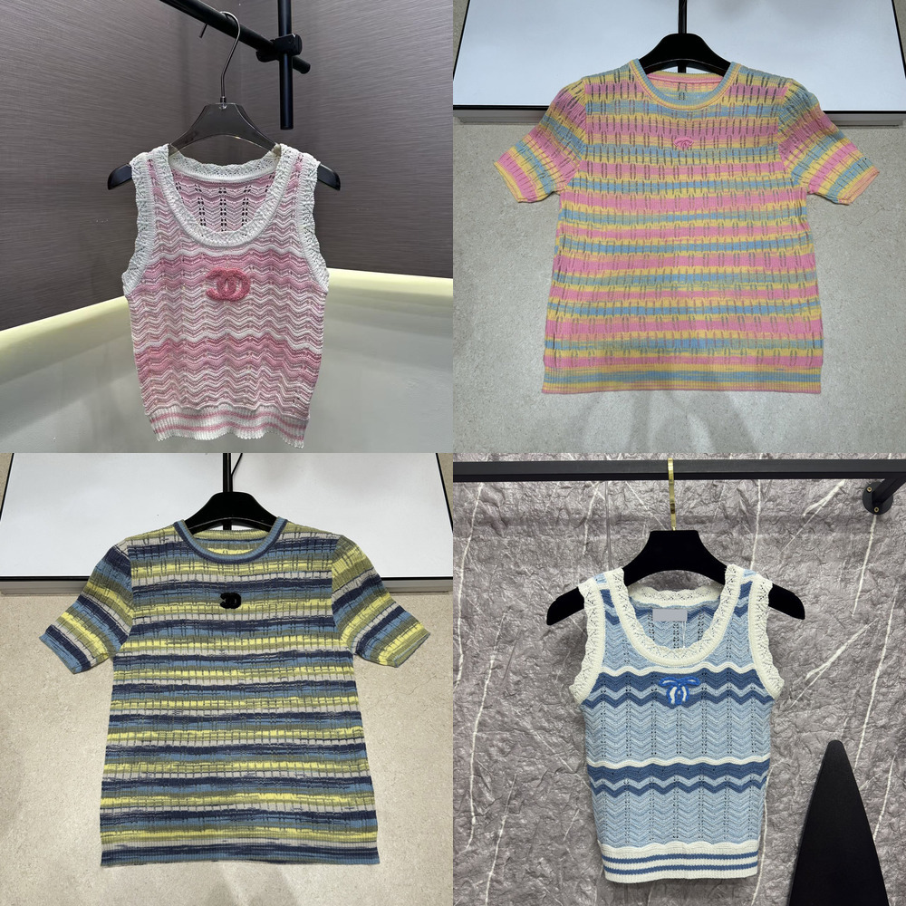 CC Luxury Designer Fashion Women's Crew Neck Logo Sleeveless Pullover, Striped Rainbow Design Knitted Sweater Top T-Shirt Short Sleeve b4 d8