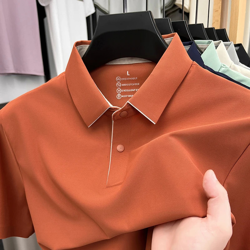 High end ice silk mens short sleeve polo shirt summer fashion solid color comfort casual business y breathable Tshirt 260613