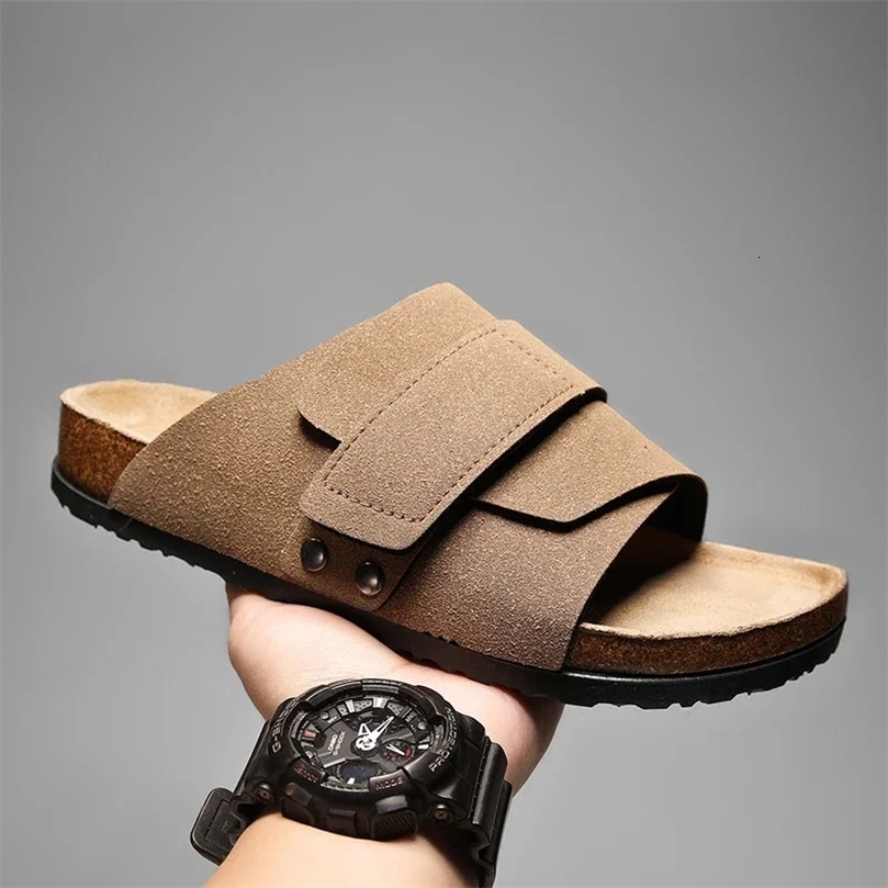 Cork Slippers Men Summer Beach Slides Suede Leather Womens Flat Sandals Fashionable Outdoor Male Mules Non Slip Babouche Femm 260611
