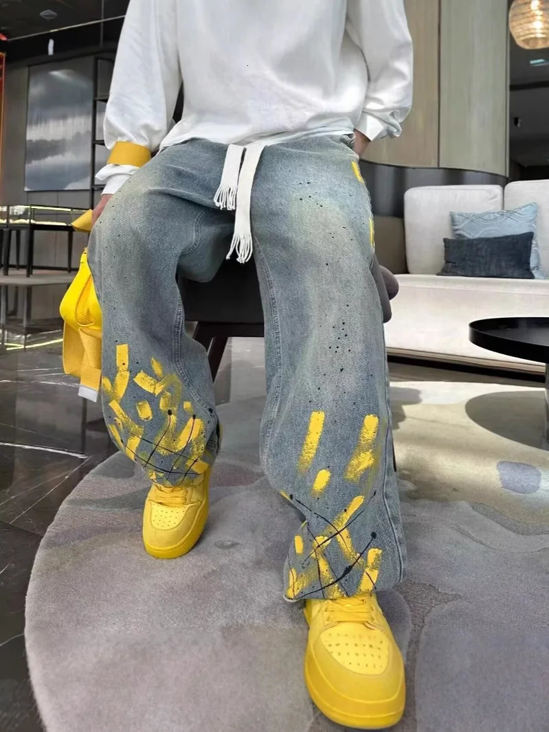 Jeans streetwear jacquard azzurro per uomo donna pantaloni svasati dritti con elastico in vita lavabile in lavatrice AllSeaso 260613