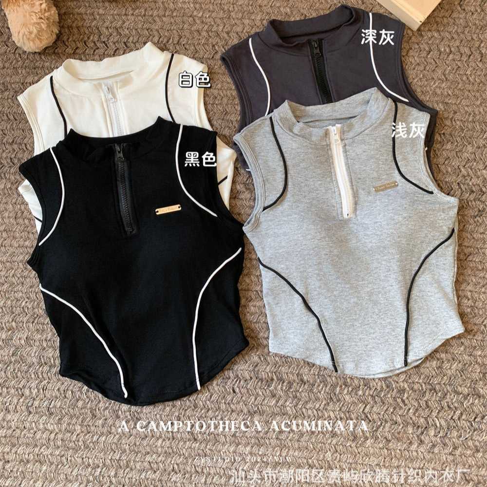 Womens rayon sports zip-up vest unique design niche style sweet and spicy short sleeveless top L260612