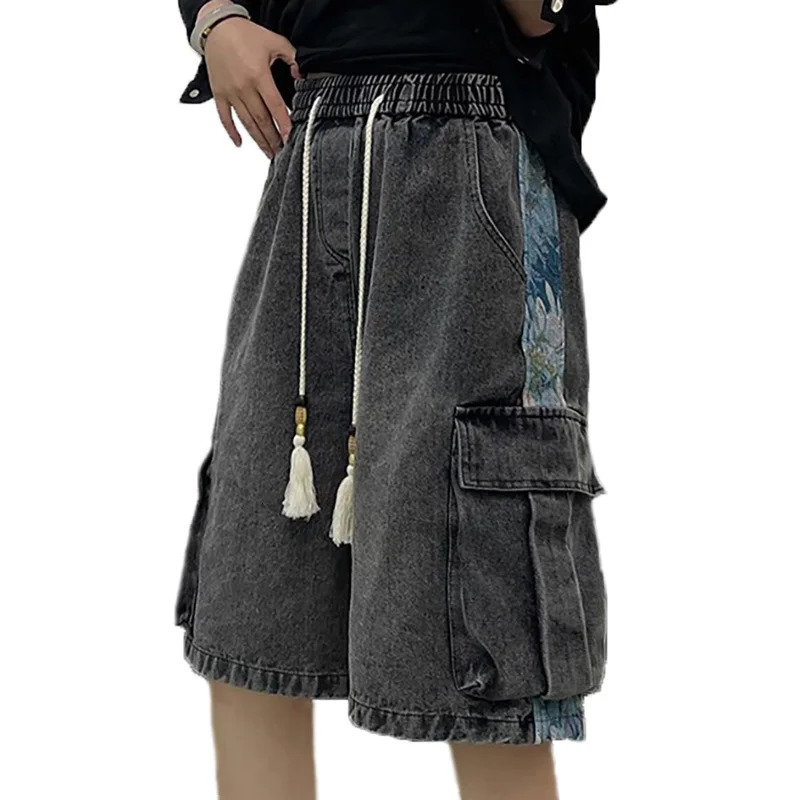 Summer Semi Elastic Waist Work Pants MenS Denim Shorts Korean Retro Loose Casual Five Quarter Blue Jeans 260612
