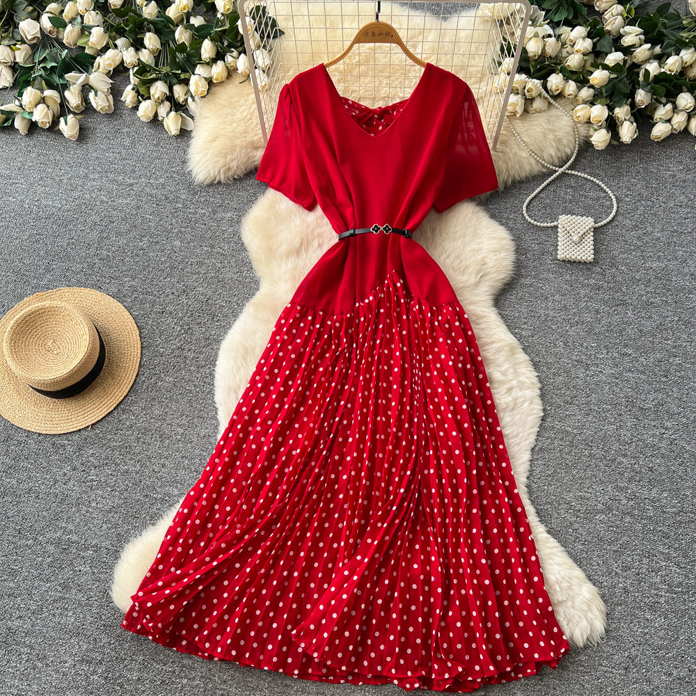 French red polka dot dress women's 2026 summer light mature style temperament high waist waist A word long dress