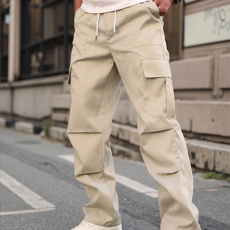 Mens Khaki Multi-Pocket Drawstring Cargo Wide Leg Pants Summer Loose Straight Casual Trousers 260612