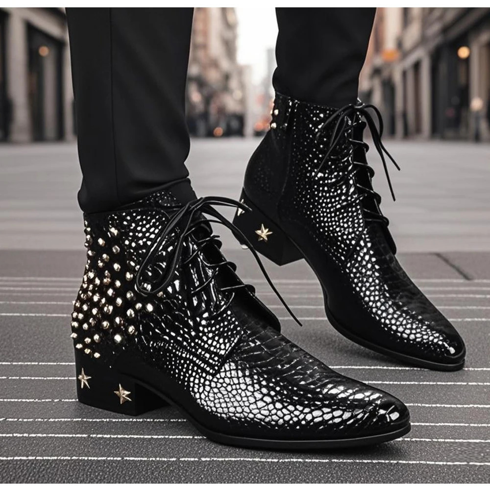Autumn Genuine Leather Mens boots Chelsea Fashion Rivet Lace-up High quality Bright leather Pointed shoes Dress Boots 260611