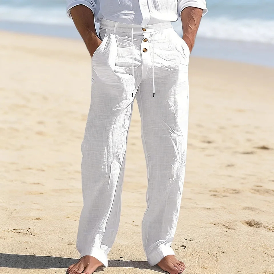 Mens Linen Pants Mens Lightweight Linen Blend Pants Jogging Men Casual Trousers with Button n Basic Beach Vacation 260612
