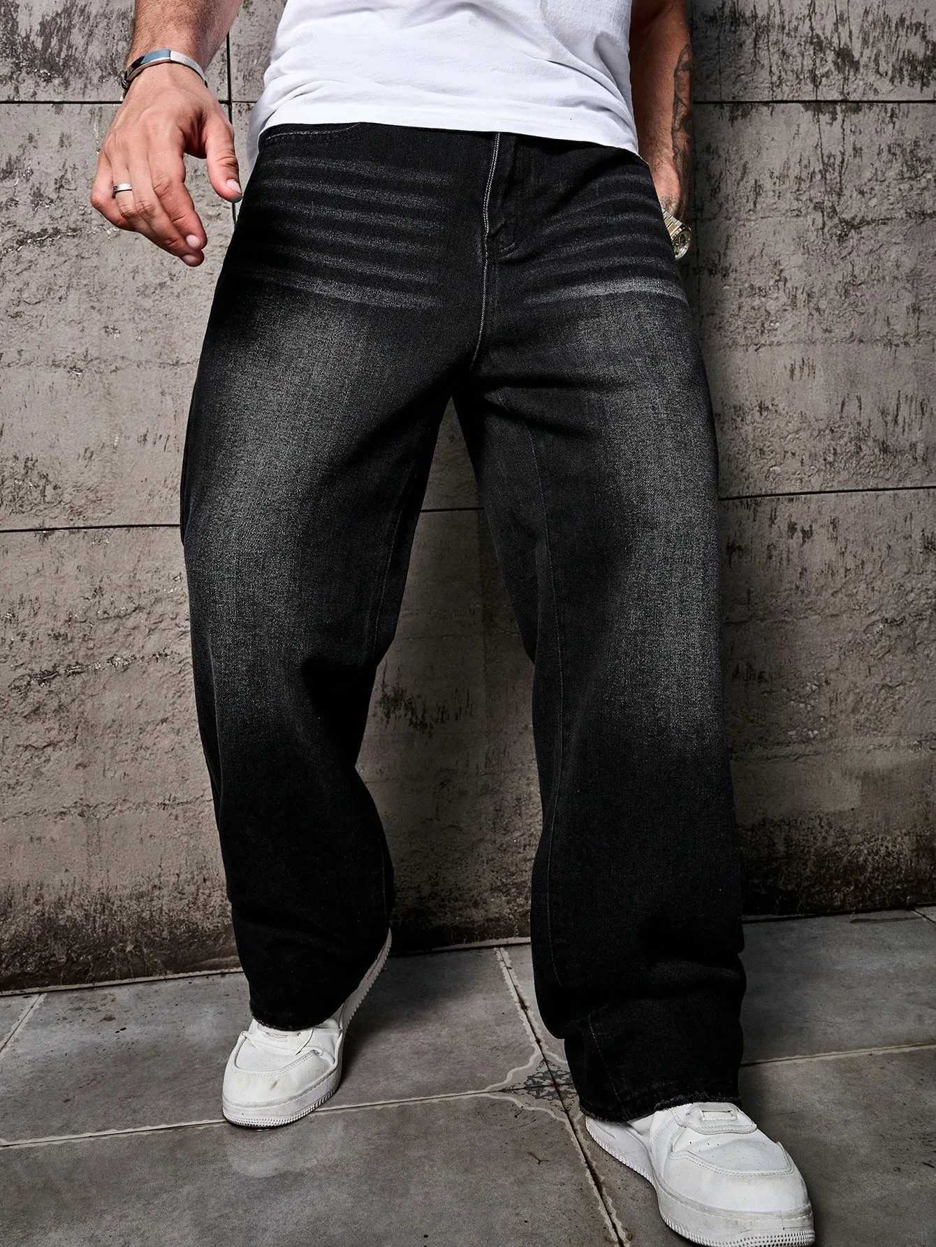 1pc Vintage Style Mens Black Washed Distressed Loose Wide Leg Relaxed Straight Jeans Perfect Gift for Husband Boyfriend T260410