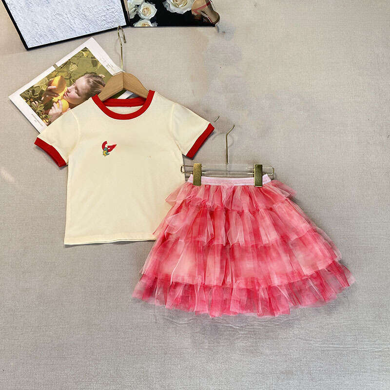 New 2026 Kids Clothing Girls Short Sleeve Set Summer New Baby Girl Cotton Contrast Color Printing Dinosaur Tshirt Mesh Cake Skirt Correct Style