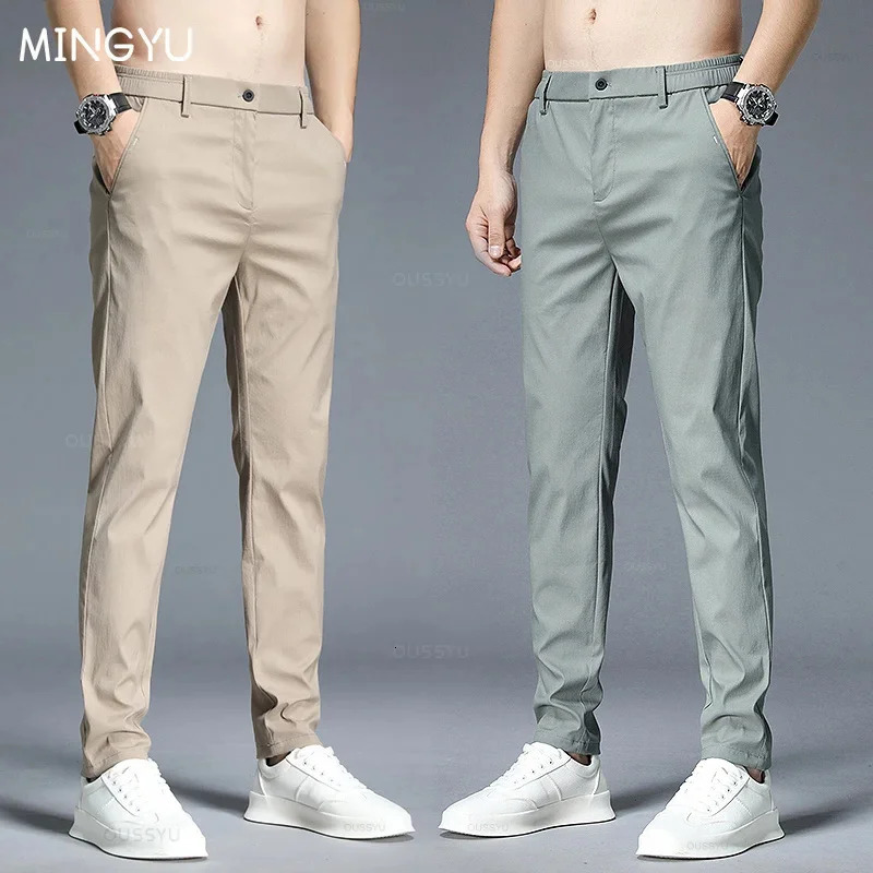 Summer Thin Casual Pants Men Stretch Slim Fit Elastic Waist Business Classic Korean Trousers Male Khaki Gray Green 28-38 260612