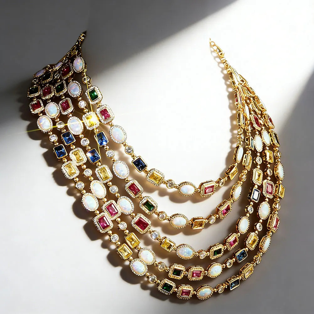 Hip hop Rainbow Geometric Bling CZ Stone Chain Necklace Multicolor Round Oval Gemstone White Gold Plated Choker for Women Men 260612