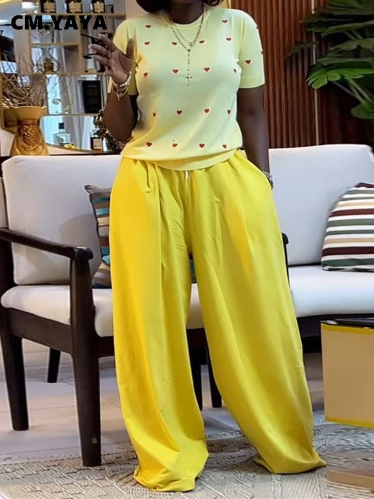 CMYAYA Fashion Womens Set Love Short Sleeve T-shirt and Wide Leg Pants Summer Active Two 2 Piece Sets Outfit Tracksuit 260611