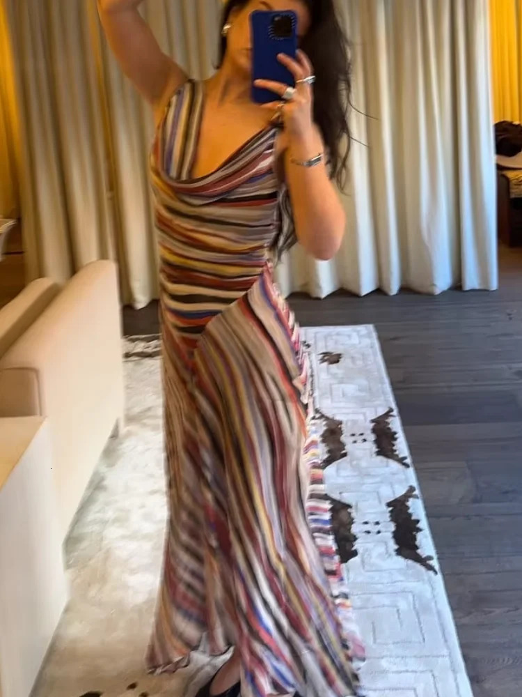 Sleeveless Striped Spaghetti Strap Dress Women Chic Irregular V-neck Sleeveless Slim Long Vestidos Lady Holiday Daily Dresses 260608