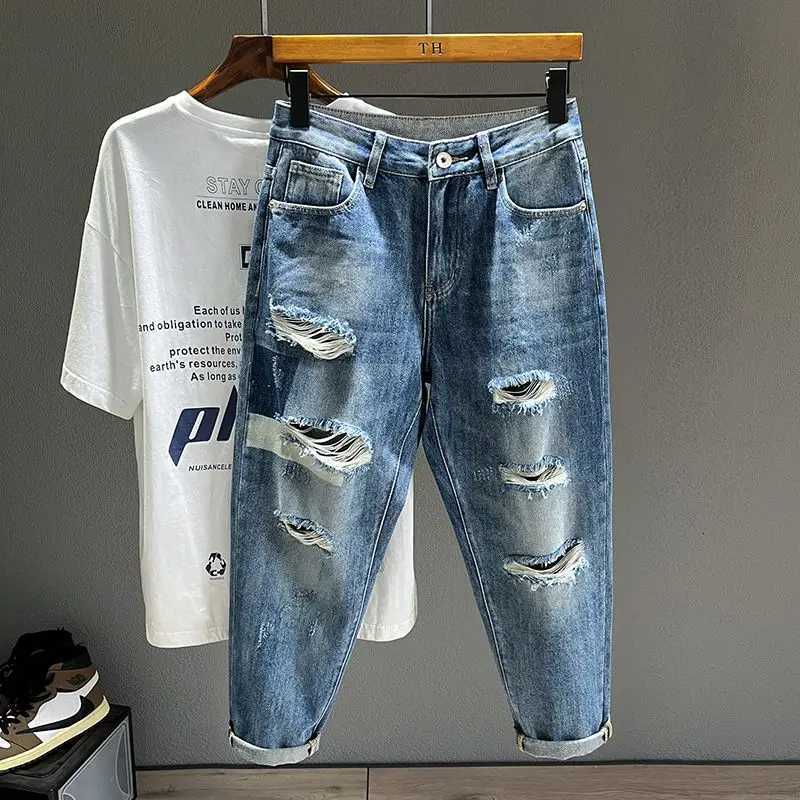 Ripped Jeans Mens Pure Cotton Loose Harem Hole Denim Pants Fashion Hip-hop Rock Streetwear Autumn Ankle Length Trousers T260410