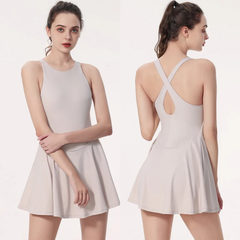 Women Summer Tennis Dress Solid Color Super Stretch Sexy Back Gym Frock Female Breathable Short Sportswear Workout Clothes 260612