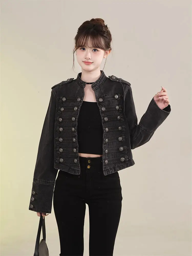 Womens American Retro Denim Military Inspired Cropped Jacket Long Sleeve Stand Collar Casual Motorcycle Coat 260609