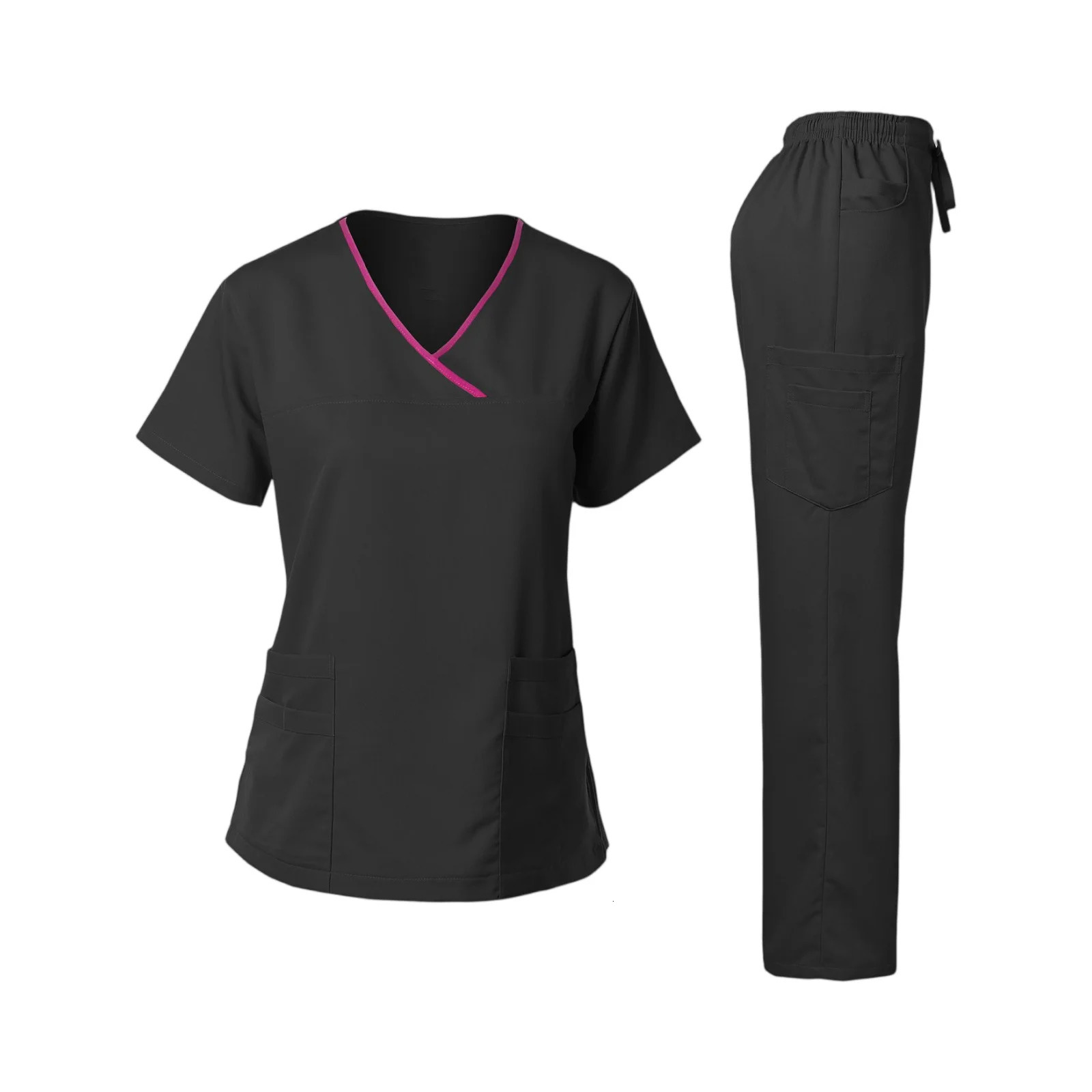 Womens Nurse Scrub Set VNeck Short Sleeve MultiColor Contrast Trim MultiPocket Long Pants Cozy Professional Workwear 260612