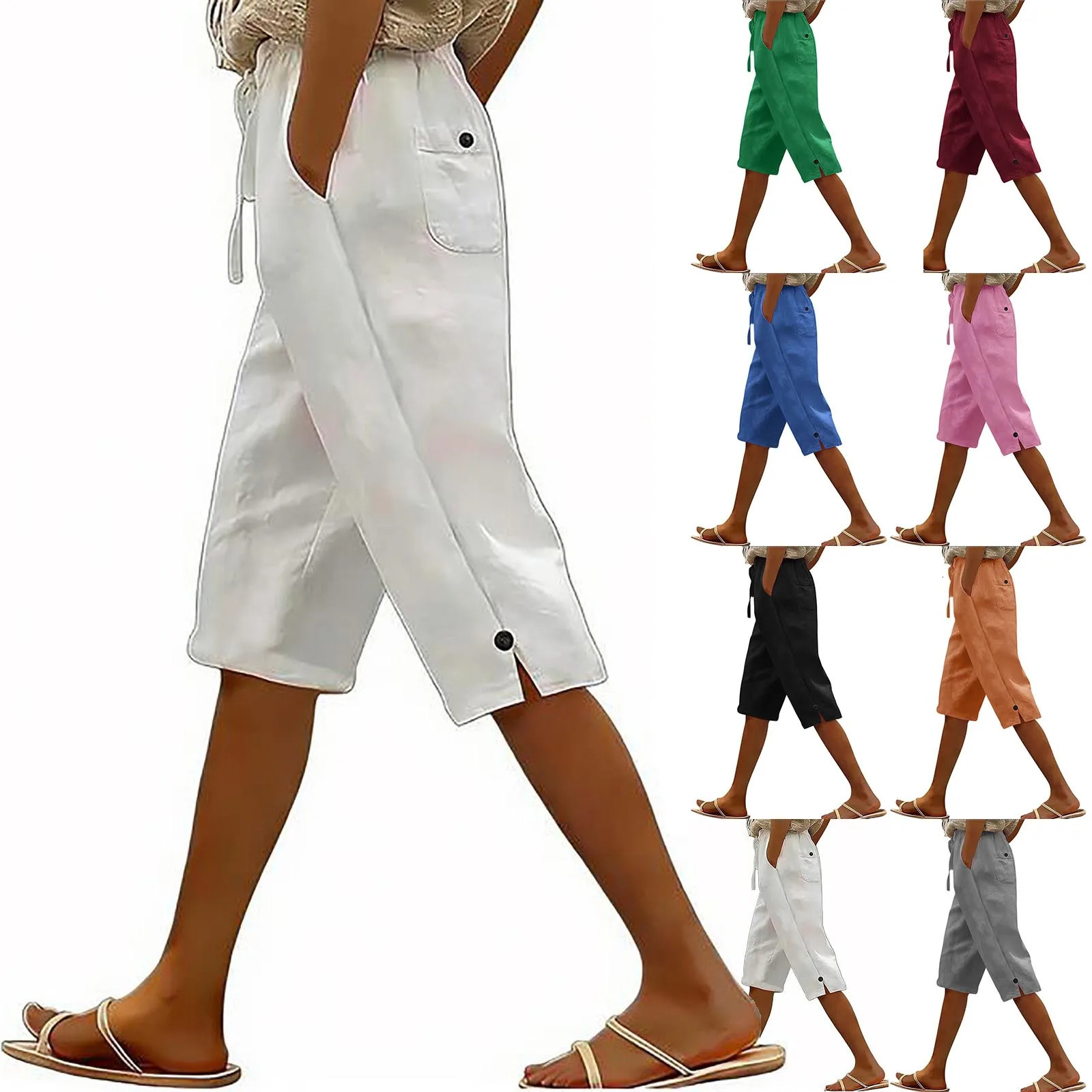 Womens Solid Color Cotton Linen Loose Fit Belted Front Back Multiple Pockets Pants 260611