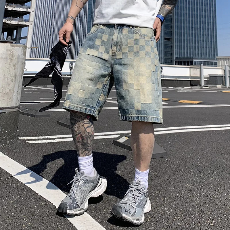 Y2K High Street Fashion Mens Denim Shorts Painted Scratches Embroidered Washed Nostalgic Light Blue ner 260612