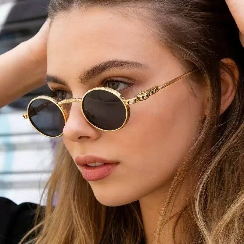 Occhiali da sole ovali retrò Donne alla moda 2026 Vintage Metal Punk UV400 Occhiali da sole Street Travel Holiday Ins Tonalità popolari