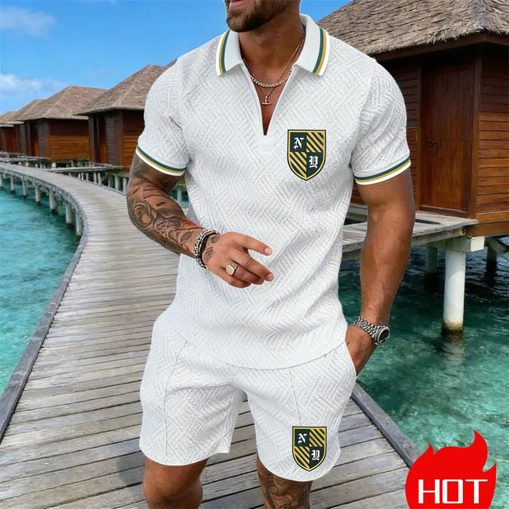 Summer 3D retro pattern casual mens polo shirt set resort el 2 piece Fashion Zipper Polo Set man y2k clothing
