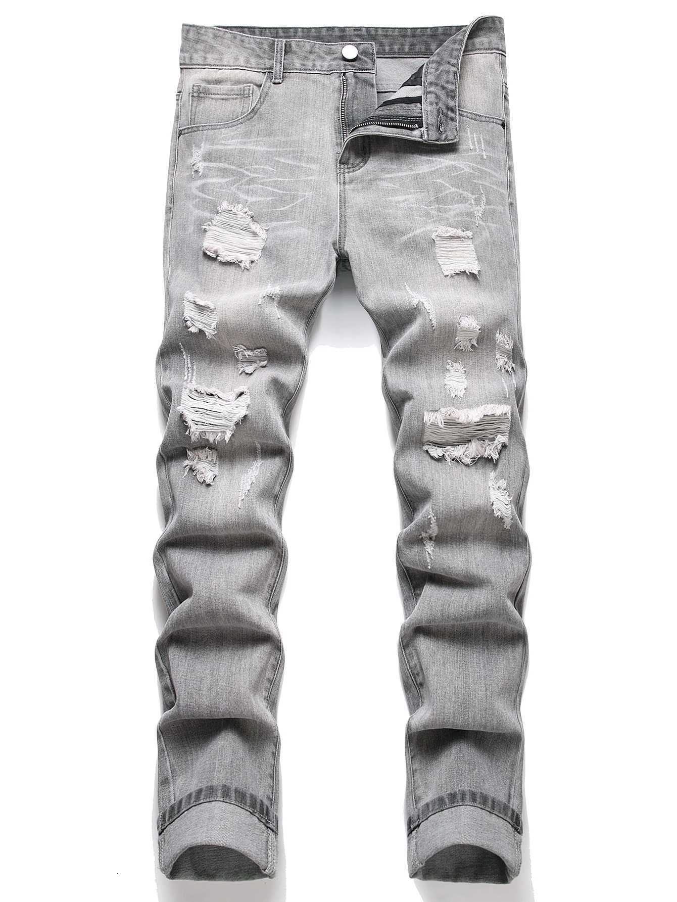 Mens Jeans Slim Fit Comfort Straight Leg Casual Mid Waist Denim Pants Grey Trousers Men Clothing T260410