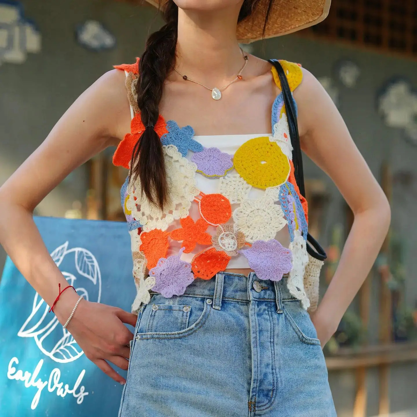 Multicolor Floral Crochet Crop Top Womens Cami Tank Sleeveless Open-work Vest Boho Chic Summer Festival Outfit 260613