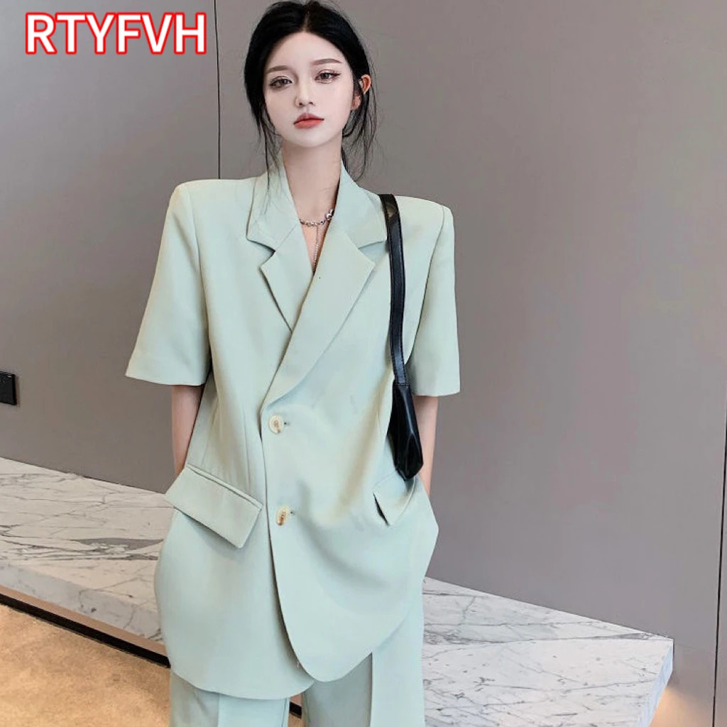 Womens Summer Blazers Set Fashion Loose Thin Suit Coat Shorts Two Piece Korean Elegant Casual Pants Matching Sets 260613
