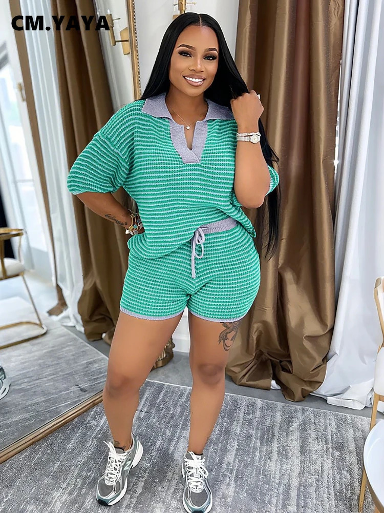 CMYAYA Street Striped Knit Ribbed Womens Set Short Sleeve Sweater Top and Shorts Suit Summer Beach Two 2 Piece Set Outfits 260612