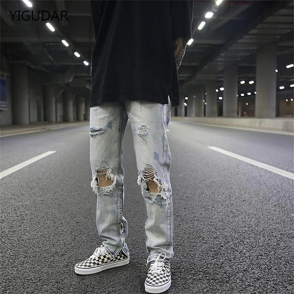 Korean version of ins hiphop high street hipsters distressed old ripped straight jeans men casual wild loose wideleg trousers 260608