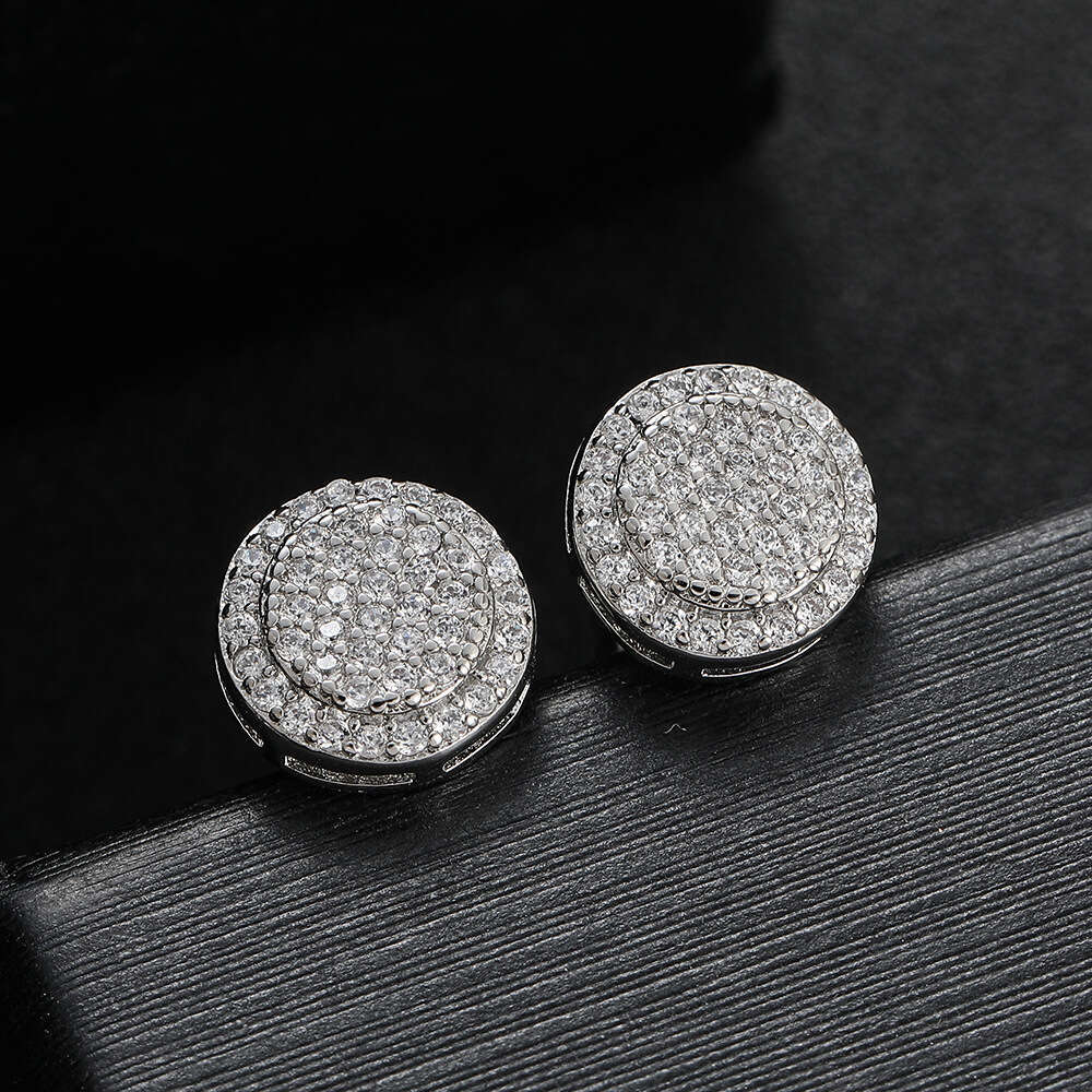 Double-layer circle copper inlaid with Moissanite, Wholesale 18K hip-hop trendy style, popular does not fade earrings, round full-Moissanite earring