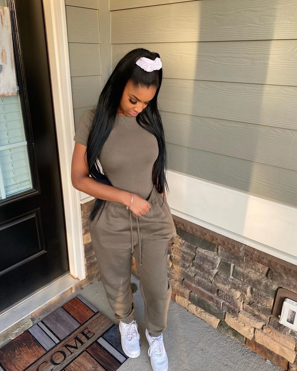 Two Piece Versatile Solid Color Sports And Leisure Set Womens Cotton Slim Fit T-shirt Paired With Loose Jogging Pants 260612BJ