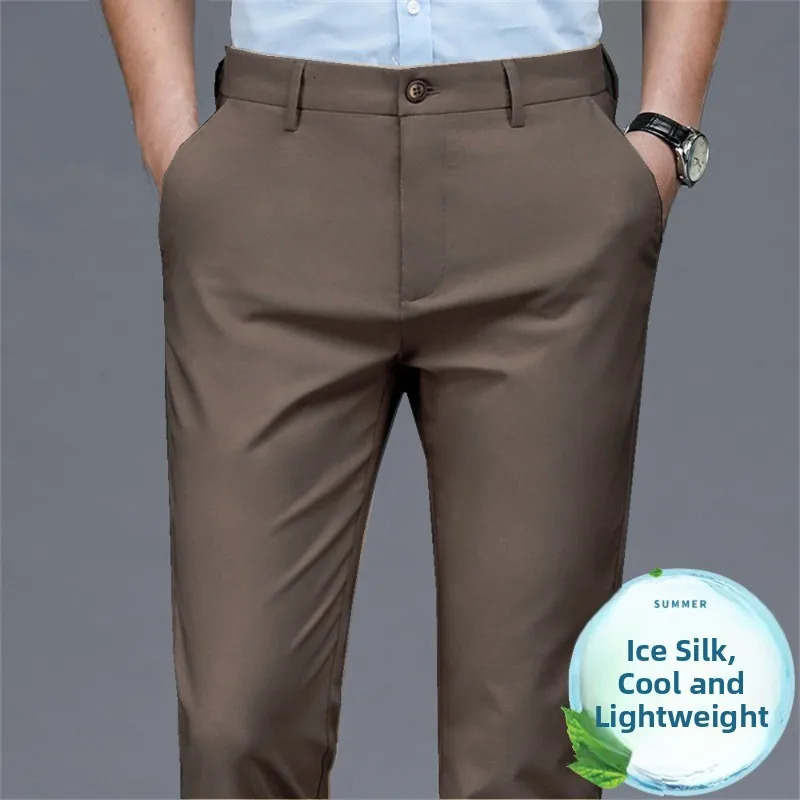 Summer Thin High Elasticity Mens Casual Pants Ice Silk No Ironing Straight Leg Business Sport Sweatpants Anti-Wrinkle Long T 260612