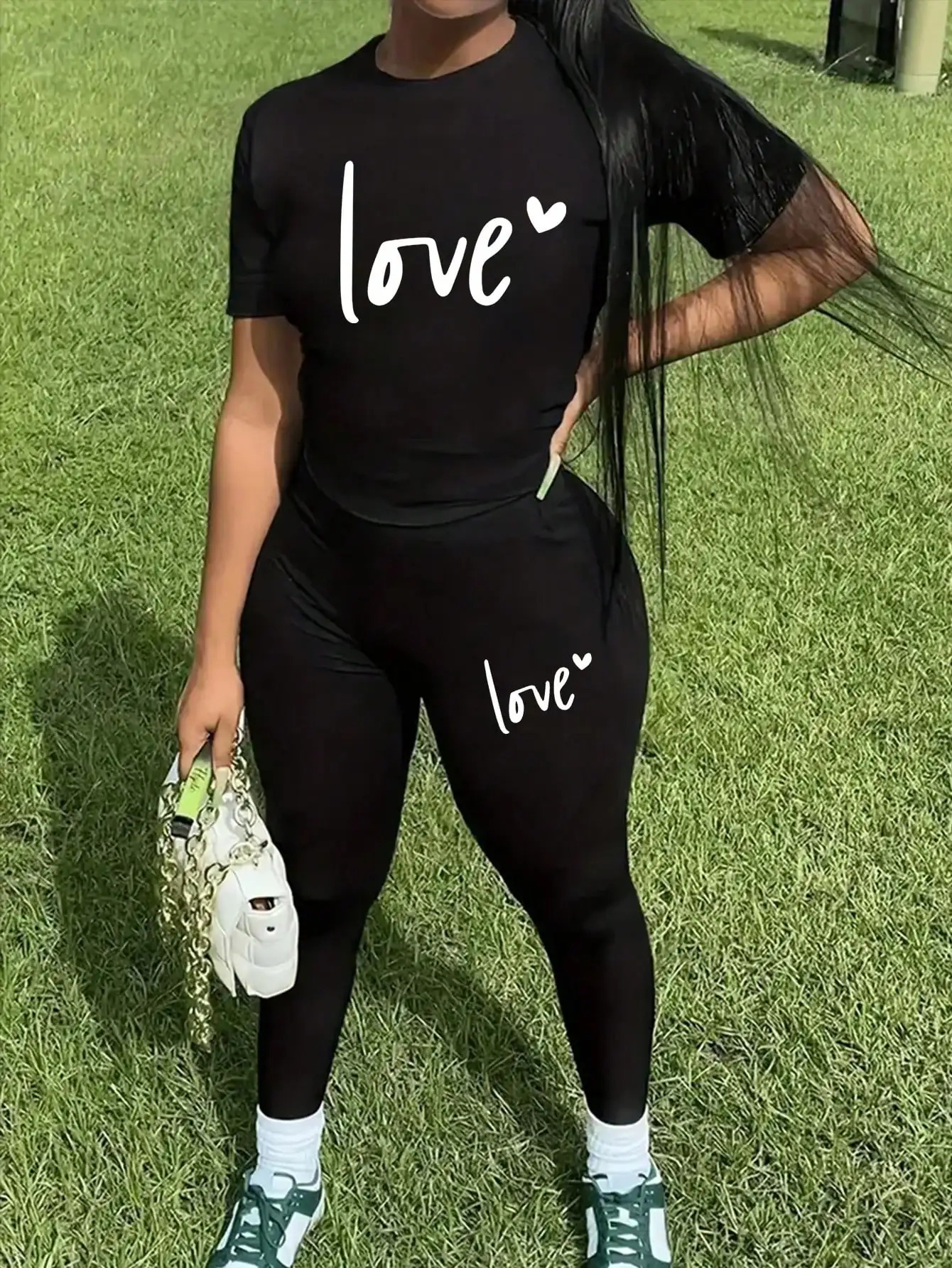 Spring and summer casual two-piece set expressing love round neck short sleeved T-shirt and pants set womens clothing 260611