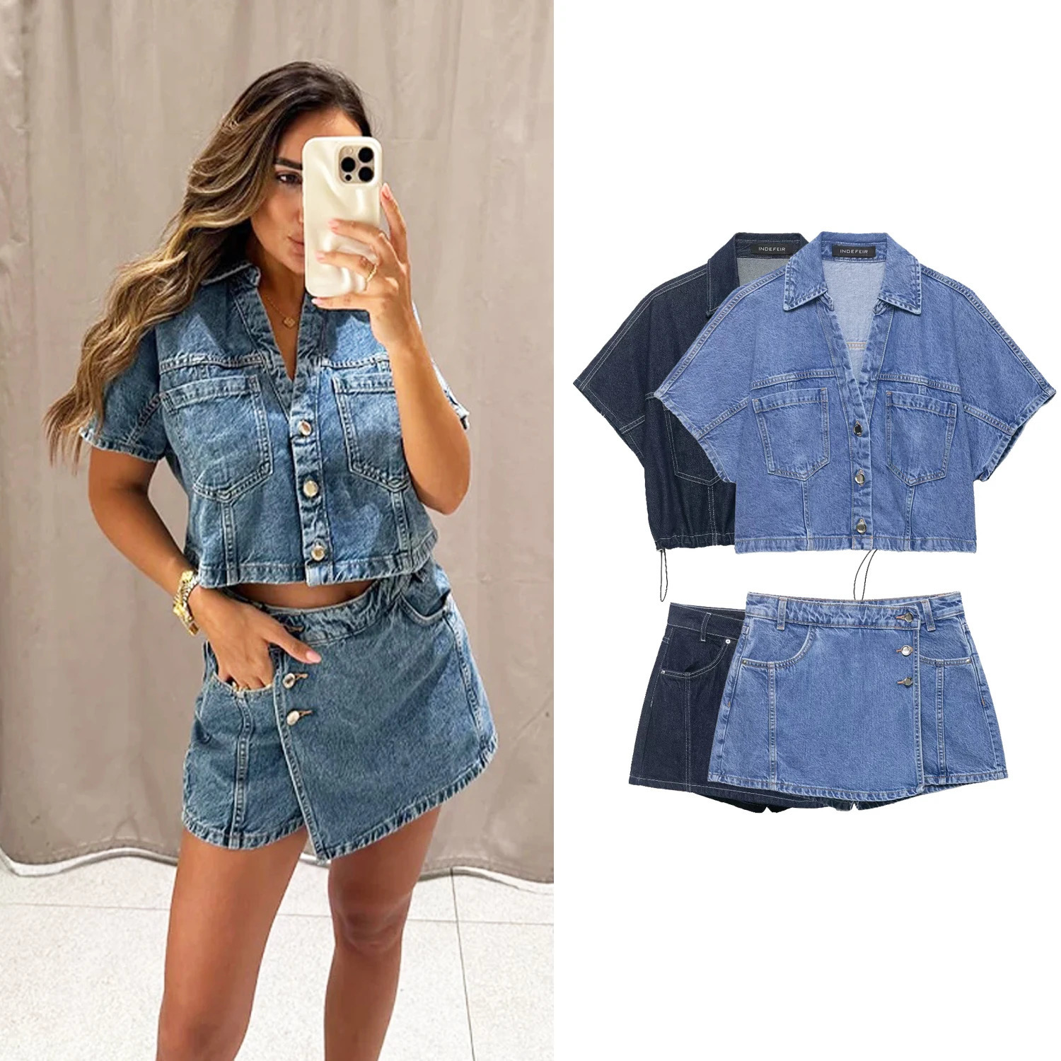 Womens Chic Denim Shorts Suit Sets Or Female Short Sleeve V-Neck Button Shirts T-Shirts Tops Summer High Waist Skirt Shorts 260612