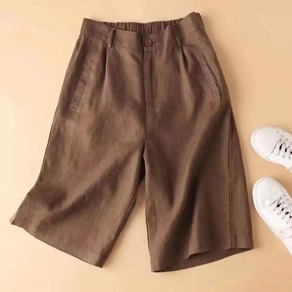 Cotton Linen Women Suit Shorts Elastic Waistband Women Shorts High Waist Straight Wide Leg A Line Work Shorts Casual Short Pants 260612