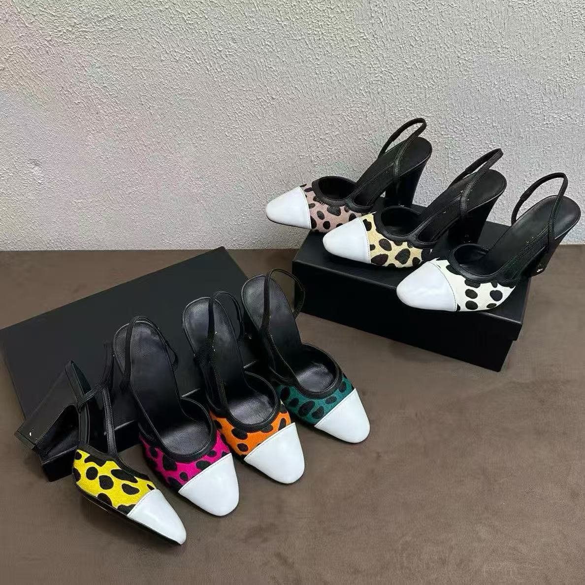 Designer sandals High Quality colored high quality leathersummer thick heels round head slides 100% leather Platform office Fur Animal Prints Shoes