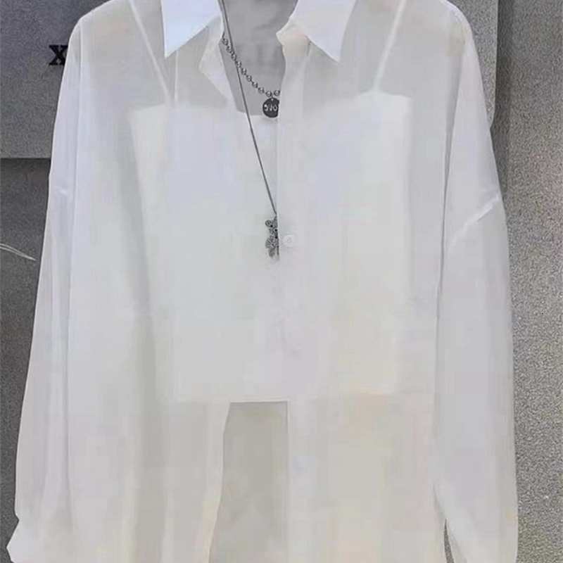 Plus Size Womens Tops 2025 Summer Breathable and SunProof Ice Silk Button Thin Loose Sheer Chiffon Blouses Shirts Long Sleeve y260527