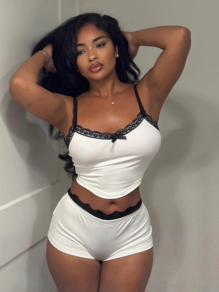 Nibber Sporty Lace Patchwork 2Piece Set Woman Bow Decoration Low-Neck Backless Crop TopsMini Shorts tie Sexy Fashion Outfits 260612
