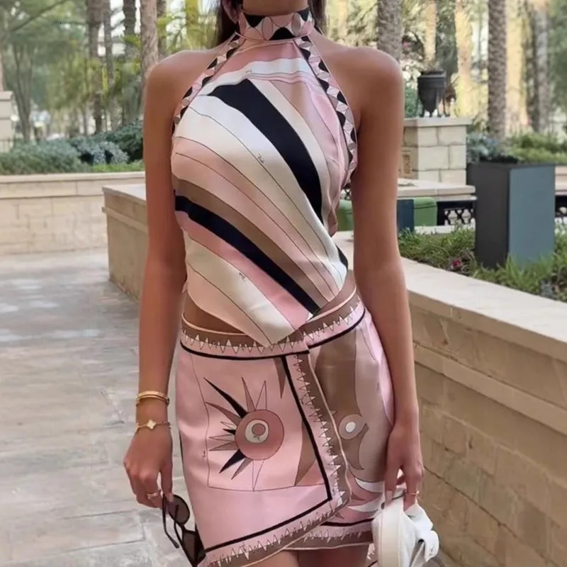 Womens Sexy Print Set Summer Beach Satin Halter Stripe Contrasting Backless Top Irregular Short Skirt TwoPiece 260613