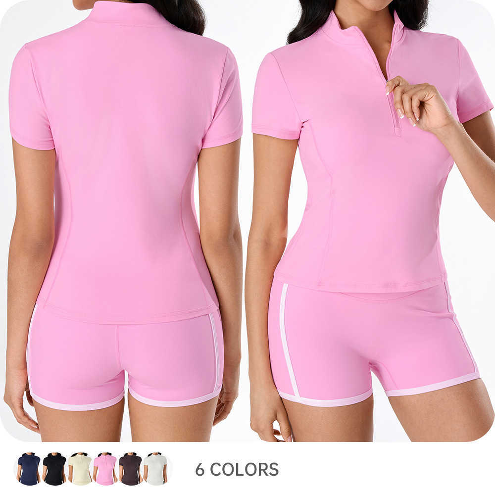 Nude-feel yoga shirt for women short-sleeved half-zip stand-up collar tight-fitting sports top for outdoor running and fitness model YG-1038 L260612