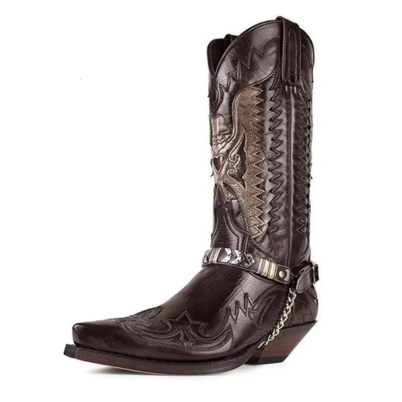 Pointed Toe Embroidered Mid-Calf Boots Snake Print Western Cowboy Men Botines Color-Blocked Slip-On Chelsea Cool Botas Femininas 260611