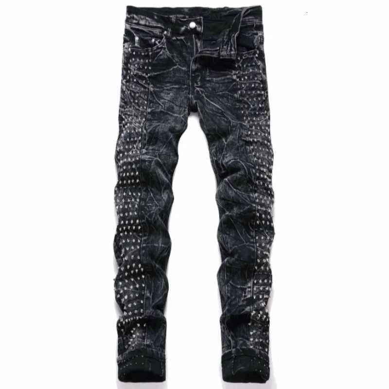 2025 Four Seasons New Retro Punk High Street Trendy Black Washed Outdated Slimming and Outdated Willow Nail Mens Jeans T260410