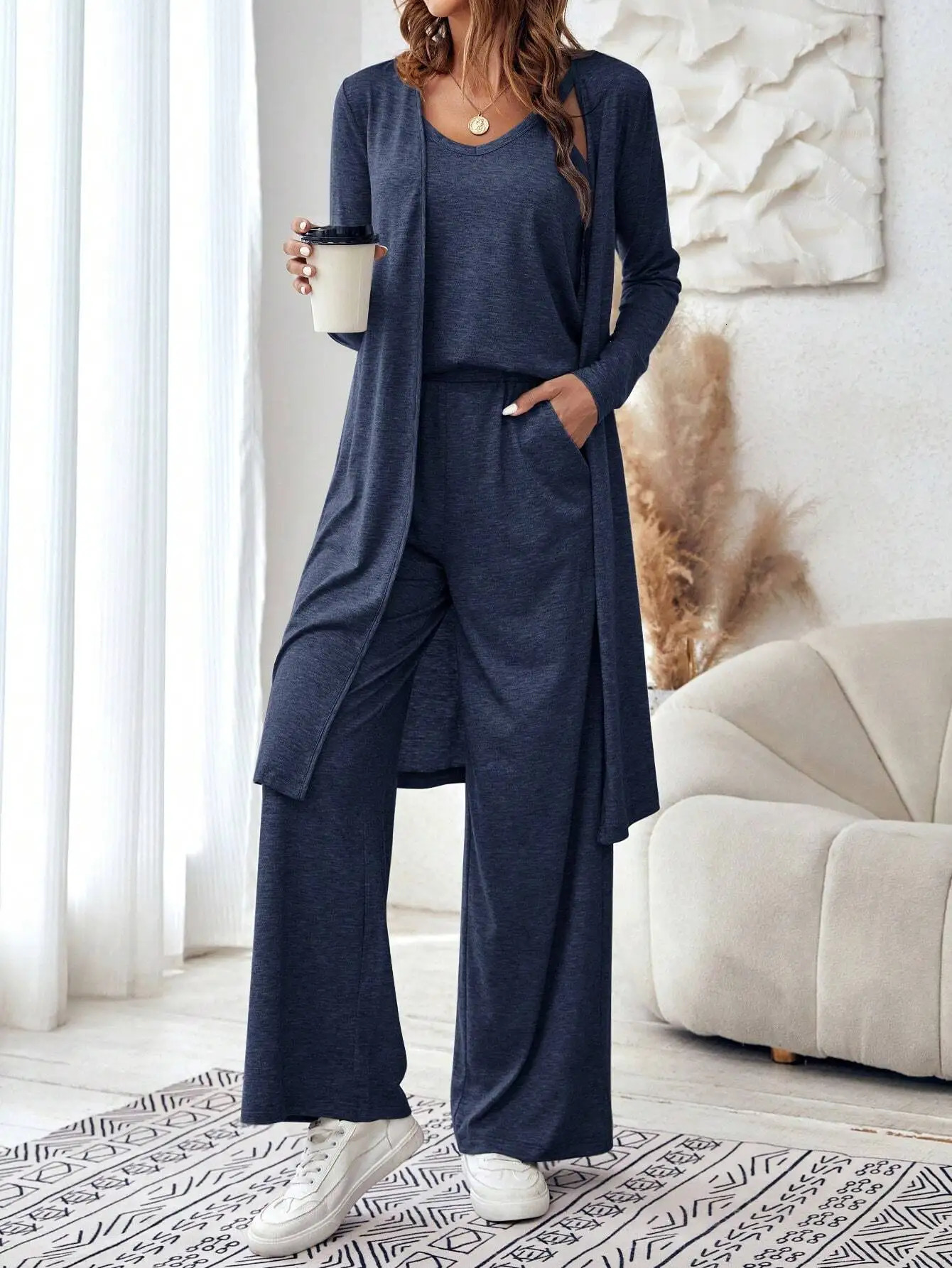 Autumn fashion casual loose three piece set womens vest pants cardigan Vneck suspenderstraight leg 260609BANJIABANJIA