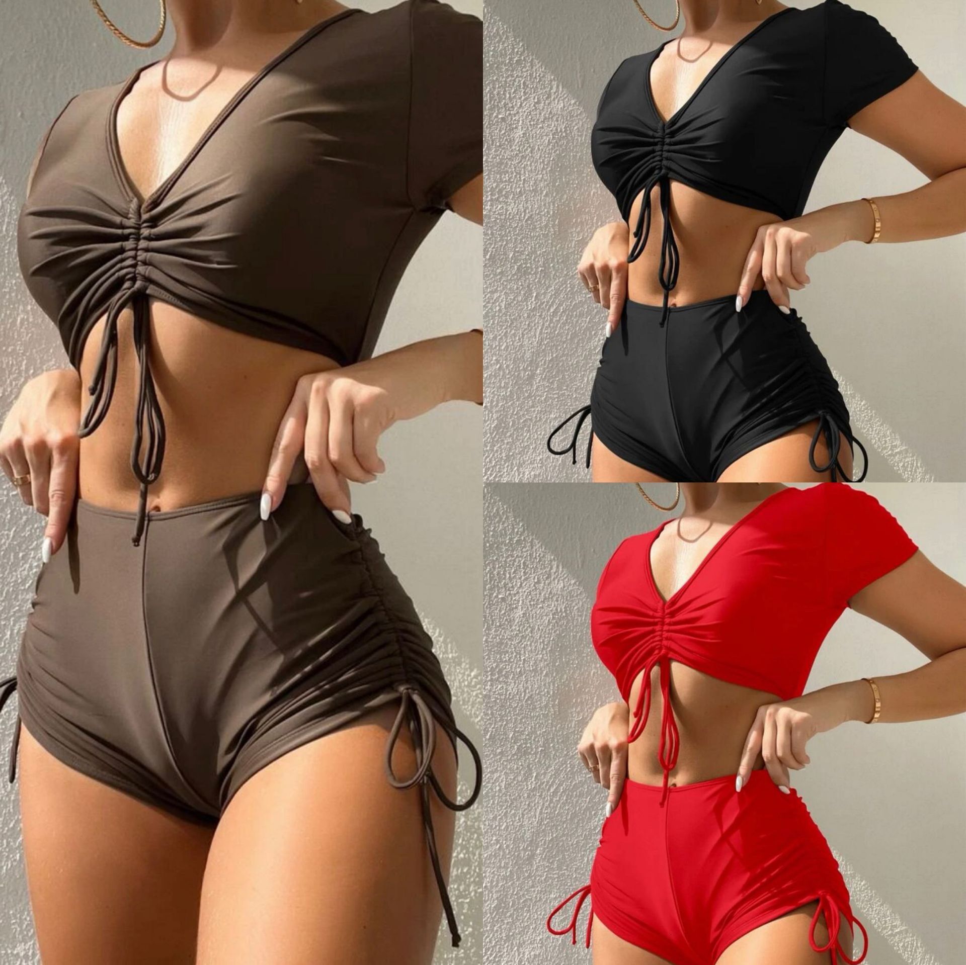 Free shipping 2026 New Style Two-Piece Ruched Tie-String Solid Color Swimsuit Bikini for