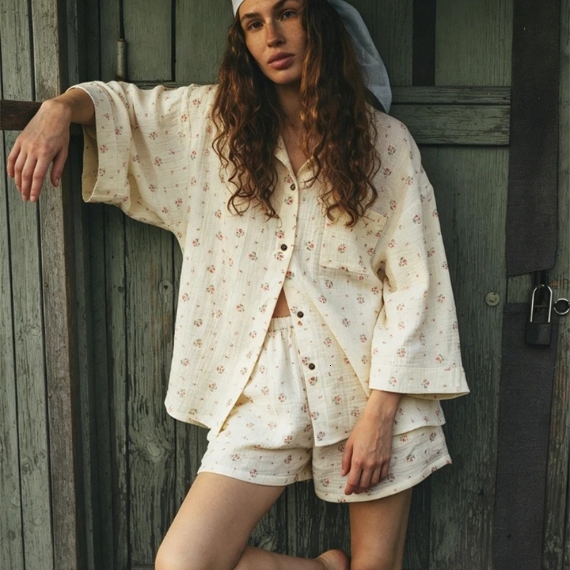 Llinar Womens Summer Suit with Shorts Muslin Beach Two Piece Set Women Vintage Classic Suit Shirt and Shorts for Women 260612